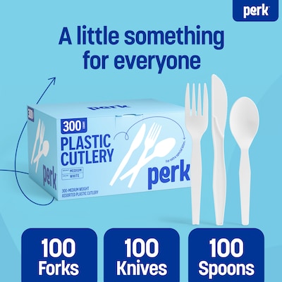 Perk™ Polystyrene Assorted Cutlery, Medium-Weight, White, 300/Pack (PK56406)