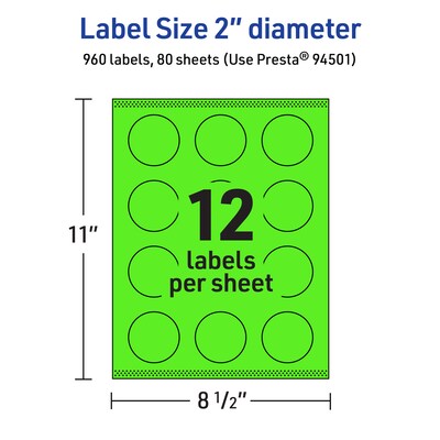 Avery Laser/Inkjet Multipurpose Circle Labels, 2" Dia., Neon Green, 960/Box (94501)