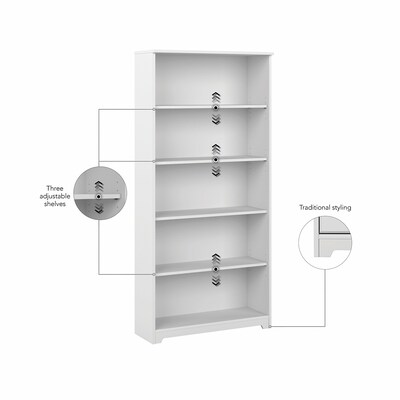 Bush Furniture Cabot 66"H 5-Shelf Bookcase with Adjustable Shelves, White (WC31966)