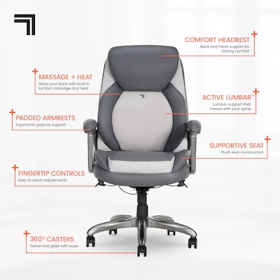 Sharper Image S-600 Active Lumbar Heated Ergonomic Bonded Leather Swivel Executive Massage Chair, Gray (60098-GRY)