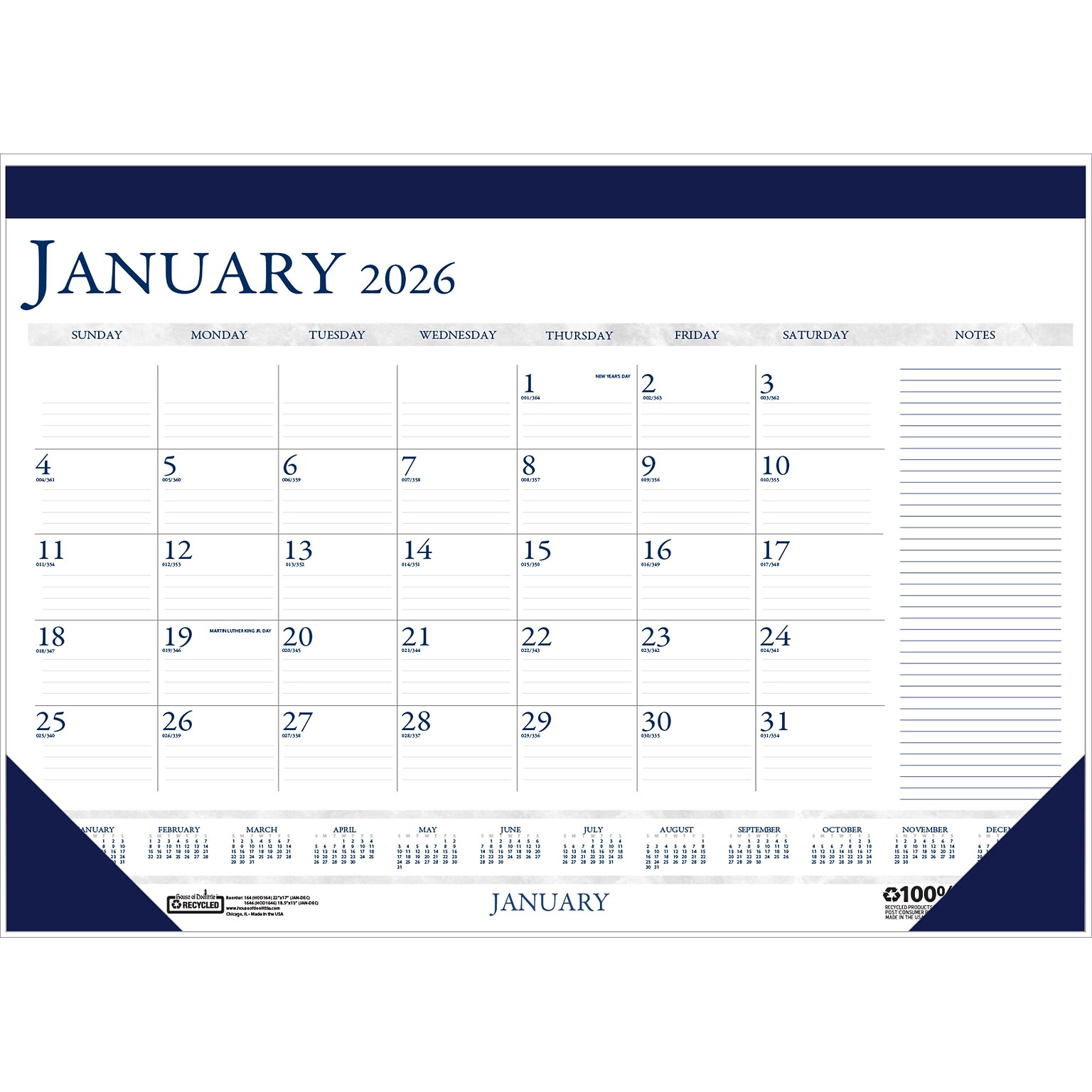 2026 House of Doolittle 18.5 x 13 Monthly Desk Pad Calendar, Blue (1646-26)
