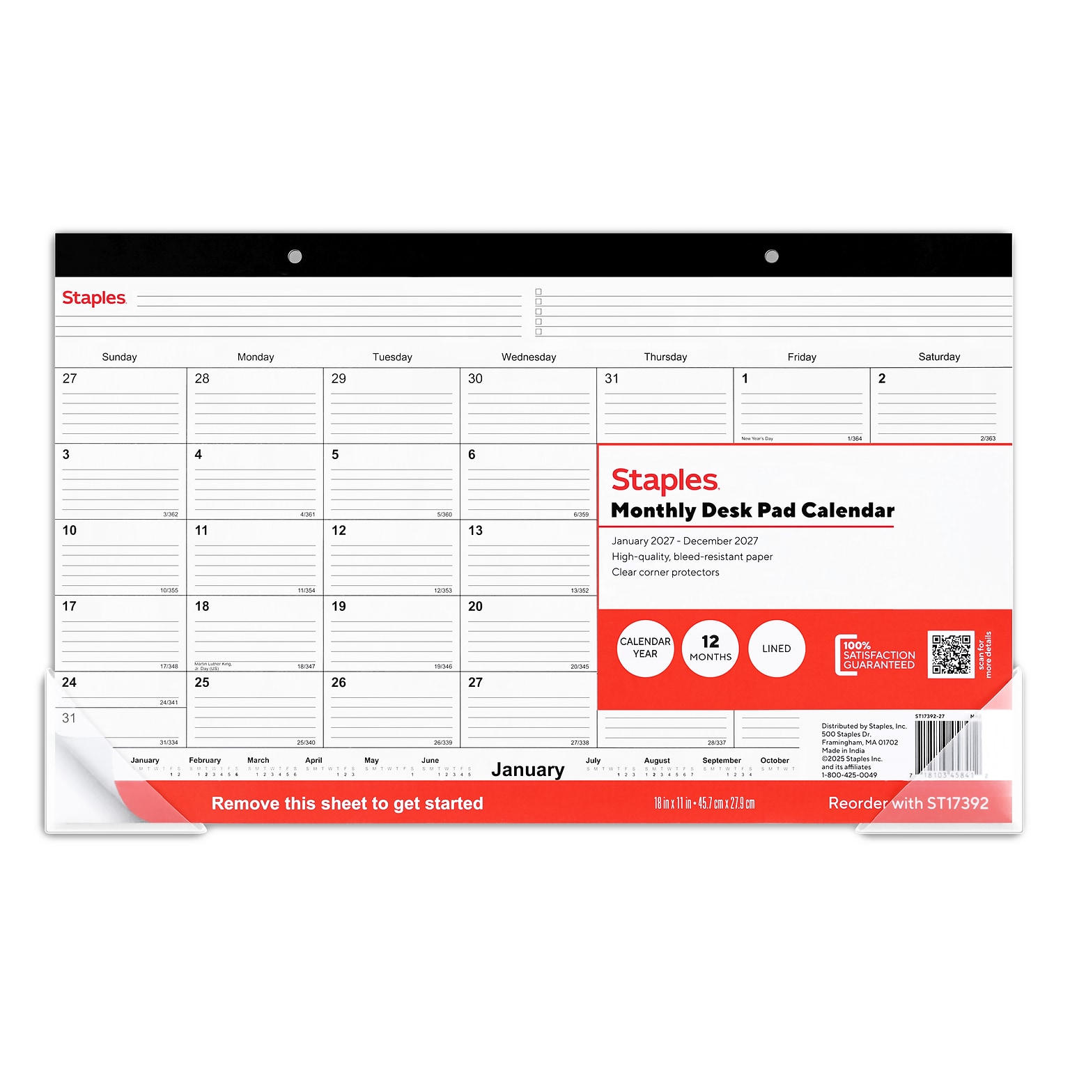 2027 Staples 18 x 11 Monthly Desk Pad Calendar, Black (ST17392-27)