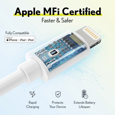 Overtime Apple MFI Certified Lightning to USB-A Charging Cable, 10ft., White (MFIWHITE10FT)