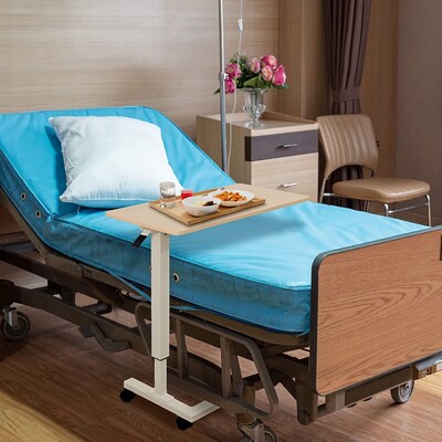 Medacure Adjustable Bedside Table w/ Wheels, 50 lb. Capacity, Light Oak (OB2845-LW)
