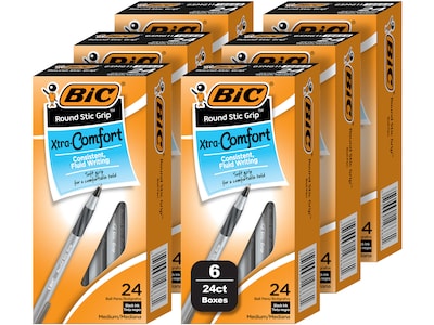 BIC Round Stic Grip Xtra Comfort Ballpoint Pen, Medium Point, Black Ink, 24/Box, 6 Boxes/Pack (GSMG1