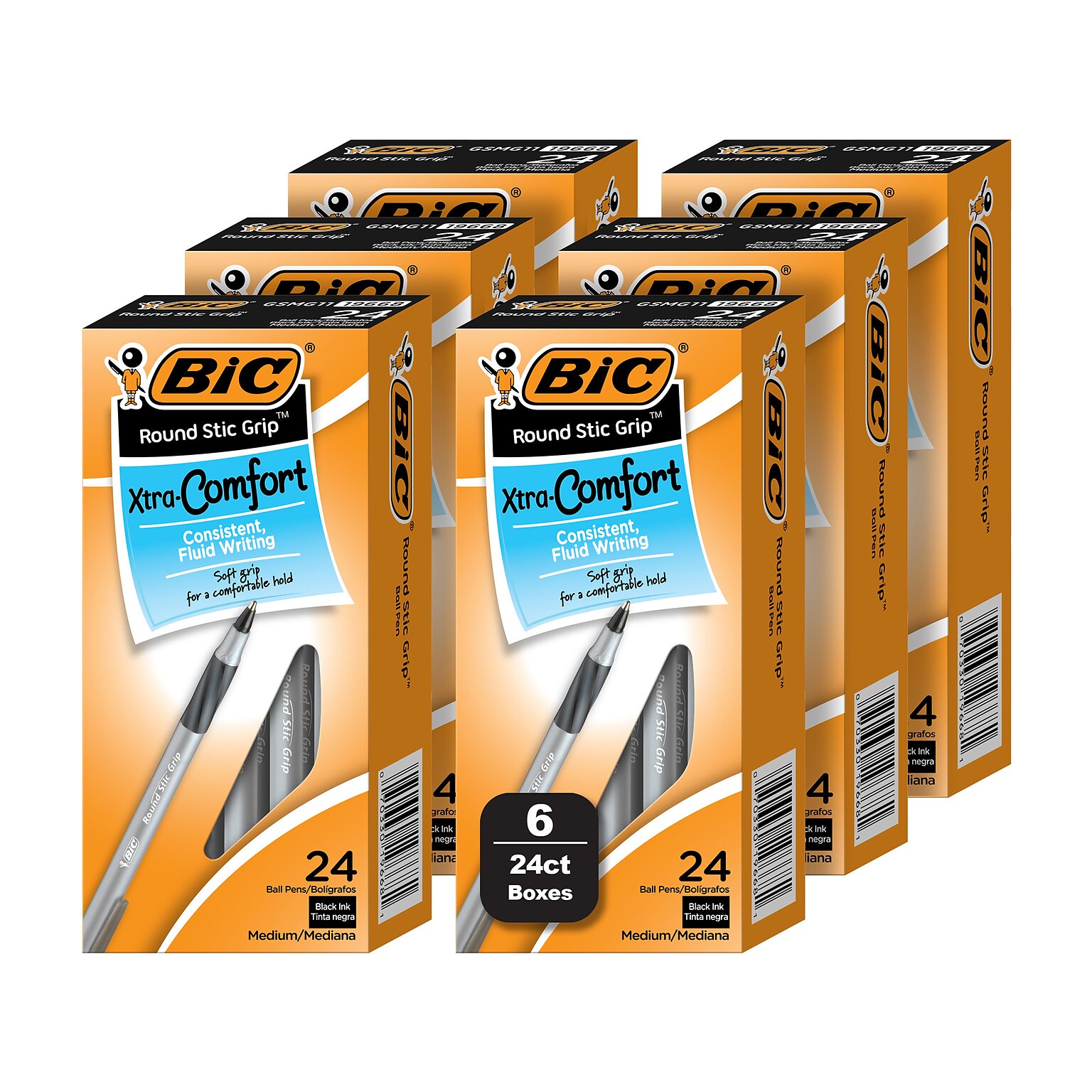BIC Round Stic Grip Xtra Comfort Ballpoint Pen, Medium Point, 1.0mm, Black Ink, 24/Box, 6 Boxes/Pack (GSMG144E-BLK)