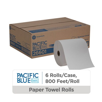 Pacific Blue Basic Recycled Hardwound Paper Towels, 1-ply, 800 ft./Roll, 6 Rolls/Carton (26601)