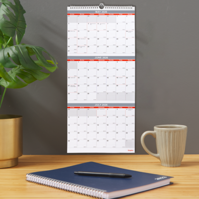 2026 Staples 12" x 27" Three-Month Wall Calendar, White/Red/Gray (ST53920-26)