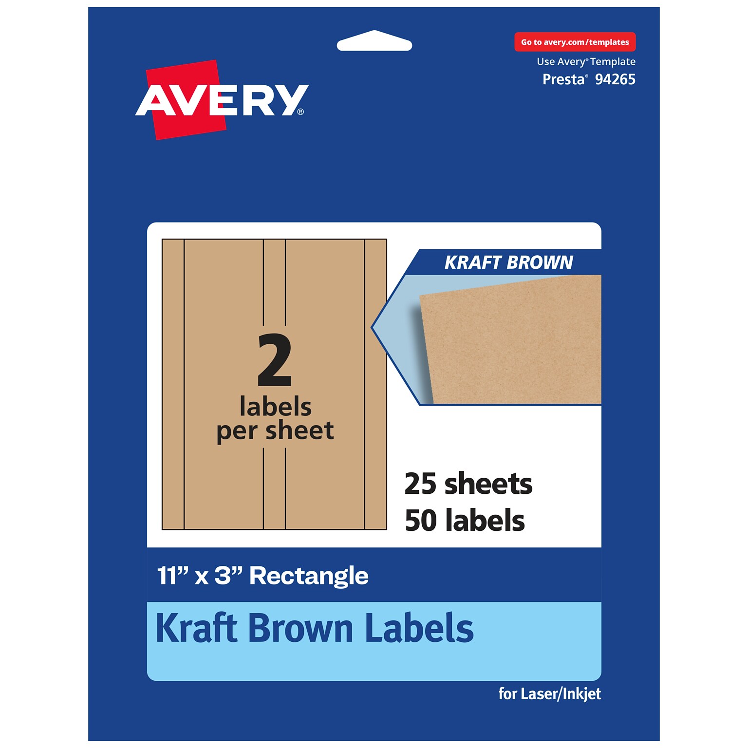 Avery Laser/Inkjet Rectangle Multipurpose Labels, 11 x 3, Kraft Brown, 50 Labels/Pack ( 94265)