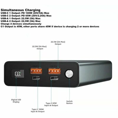 4XEM USB-A/USB-C Power Bank for Multiple Brands, 30000 mAh, Black (4XWTP103)