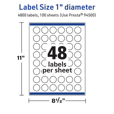 Avery Laser/Inkjet Round Multipurpose Labels, White, 48 Labels/Sheet, 100 Sheets/Pack (94500-TWMP100)