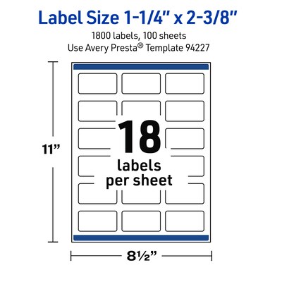 Avery Rectangle Laser Multipurpose Labels, 1-1/4" x 2-3/8", White, 1800/Box (19479399267)