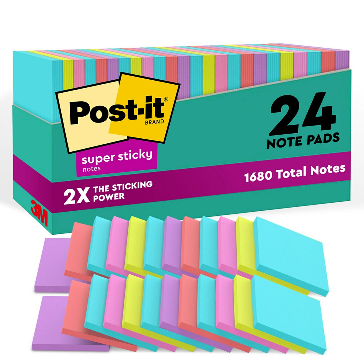 Post-it Super Sticky Notes, 3 x 3, Supernova Neons Collection, 70 Sheets/Pad, 24 Pads/Pack (654-24SSMIA-CP)