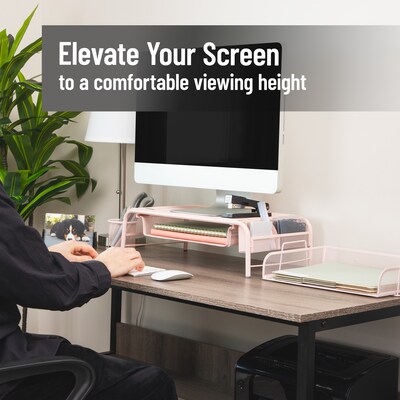 Mind Reader Monitor Stand with Paper Tray, Metal, Pink (MESHMONSTA-PNK)
