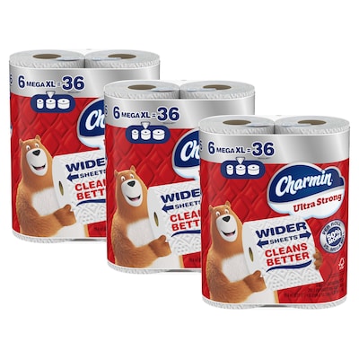 Charmin Ultra Strong Mega XL Toilet Paper, 2-Ply, White, 297 Sheets/Roll, 6 Rolls/Pack, 3 Packs/Cart