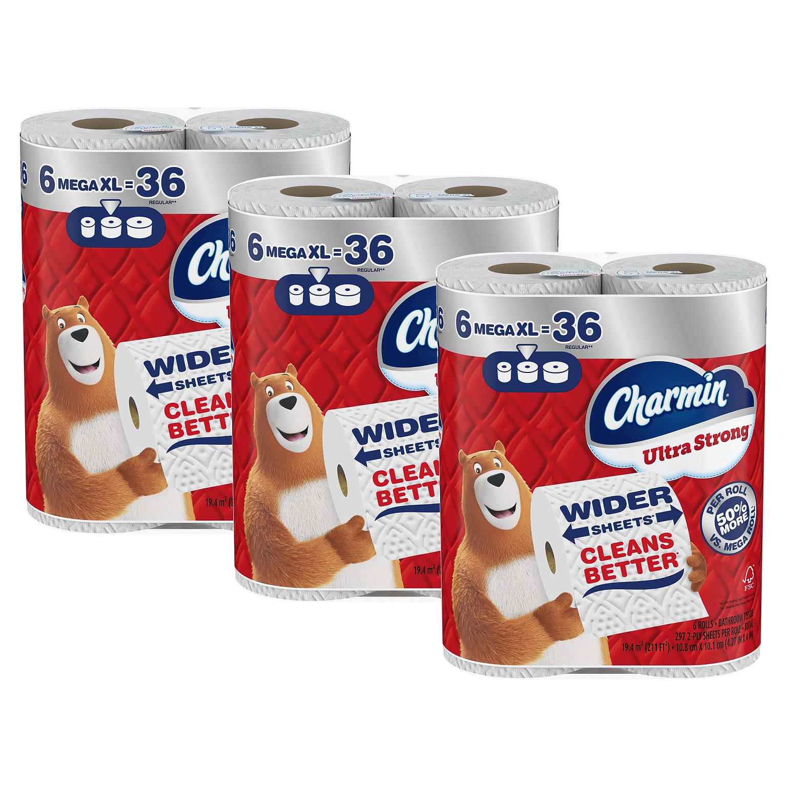 Charmin Ultra Strong Mega XL Toilet Paper, 2-Ply, White, 297 Sheets/Roll, 6 Rolls/Pack, 3 Packs/Carton (04308)
