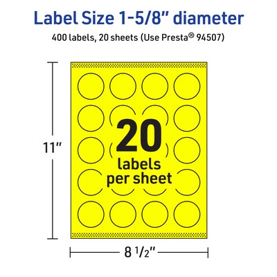 Avery Round Laser/Inkjet Multipurpose Labels, 1-5/8" Dia, Neon Yellow (400/Pack)