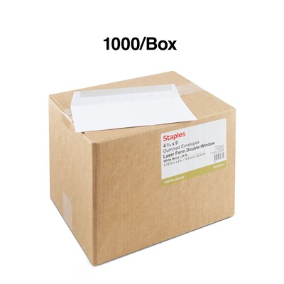 Staples® Gummed Double-Window 4 3/16" x 9" Envelopes for Laser Forms; White 1,000/Box (381911/17045)