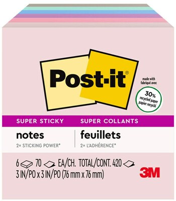 Post-it Recycled Super Sticky Notes, 3 x 3, Wanderlust Pastels Collection, 90 Sheets/Pad, 5 Pads/P