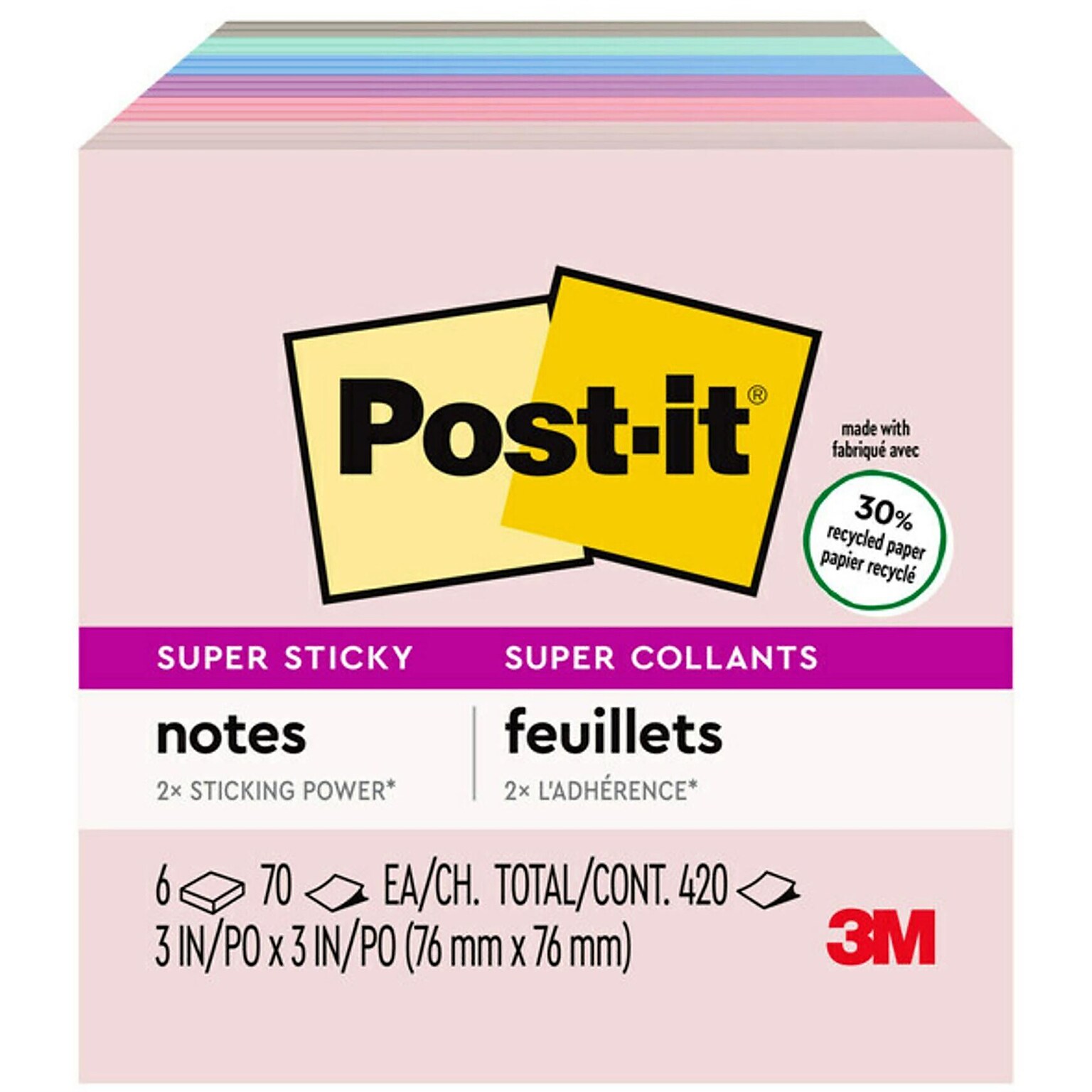 Post-it Recycled Super Sticky Notes, 3 x 3, Wanderlust Pastels Collection, 90 Sheets/Pad, 5 Pads/Pack (654-5SSNRP)
