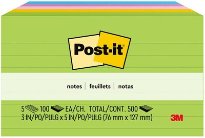 Post-it Notes, 3 x 5, Floral Fantasy Collection, Lined, 100 Sheet/Pad, 5 Pads/Pack (635-5AU)