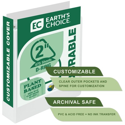 Samsill Earth's Choice Biobased Heavy Duty 2" 3-Ring View Binders, D-Ring, White (16967)
