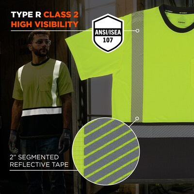 Ergodyne GloWear 8294BK High Visibility Short Sleeve Black Bottom T-Shirt, ANSI Type R Class 2, Lime, X-Large (22275)