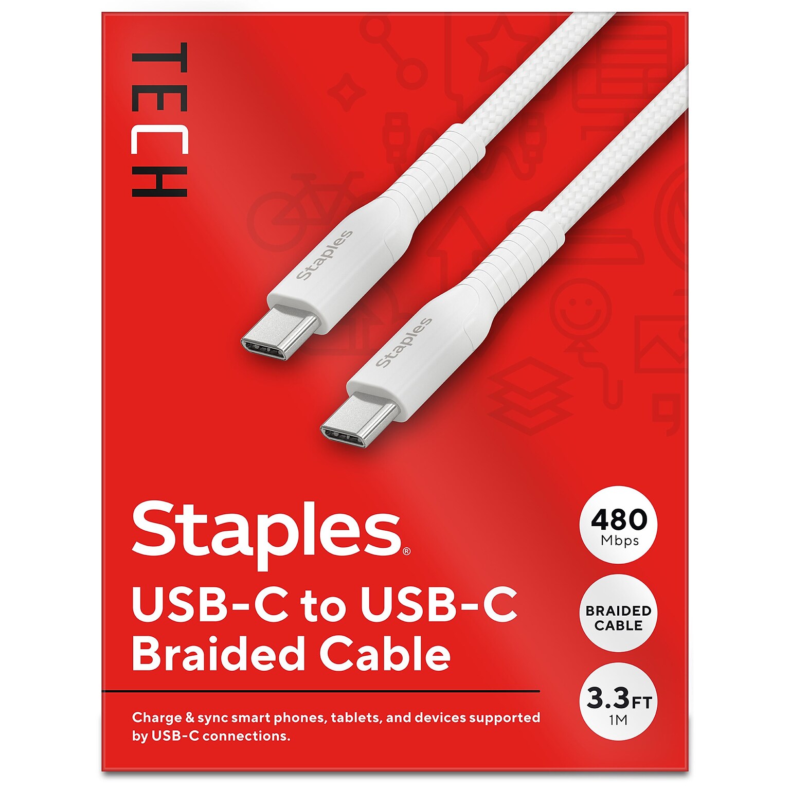 Staples TECH USB-C to USB-C Charging Cable, 3.3 ft., 480 Mbps, White (ST62334)