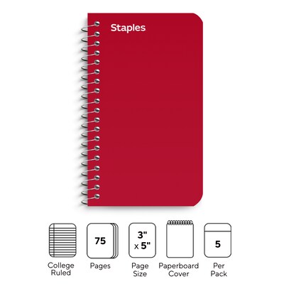 Staples® Memo Books, 3 x 5, College Ruled, Assorted Colors, 75 Sheets/Pad, 5 Pads/Pack (TR11493)