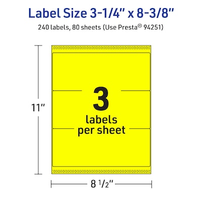 Avery Rectangle Laser/Inkjet Multipurpose Labels, 3-1/4" x 8-3/8", Neon Yellow (240/Box)
