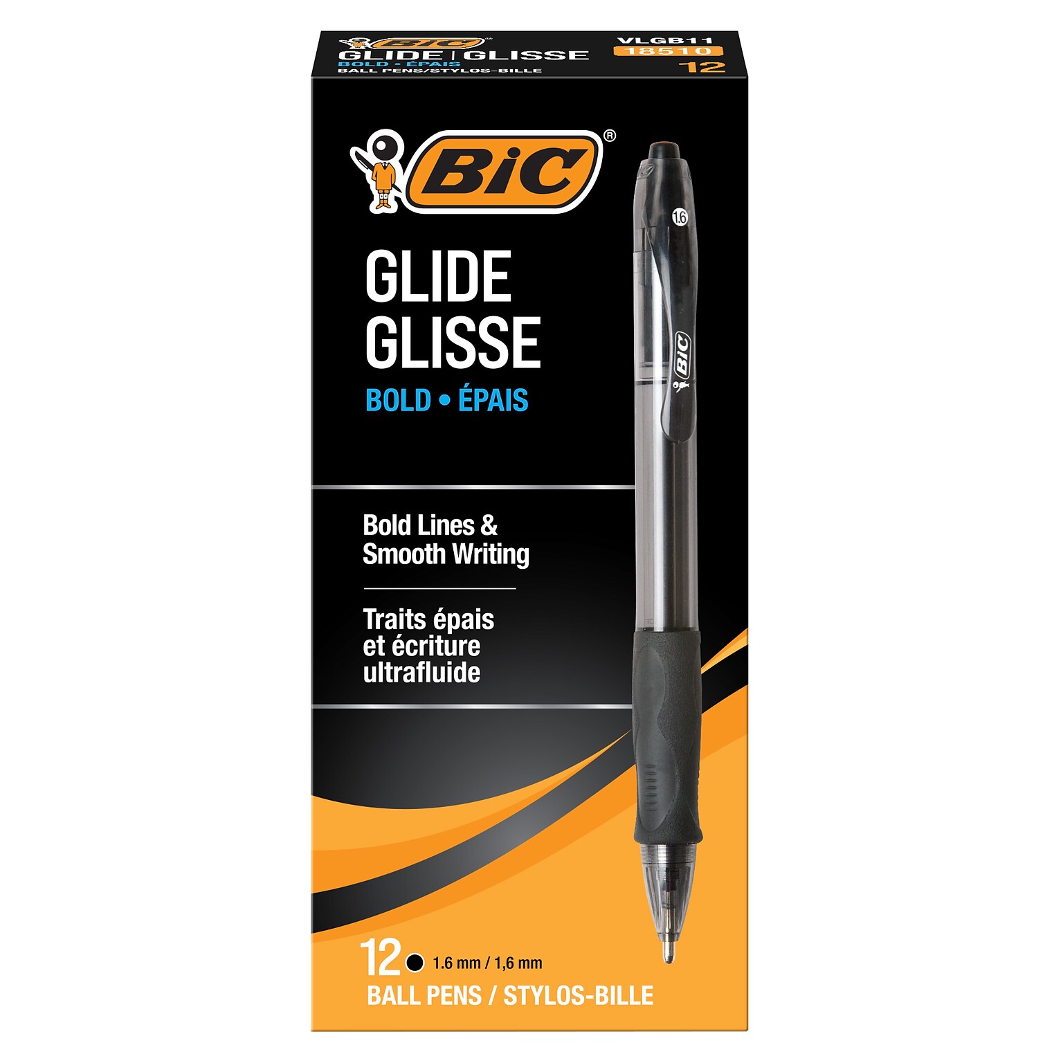 BIC GLIDE Bold Retractable Ballpoint Pen, Bold Point, 1.6mm, Black Ink, Dozen (VLGB11-BLK)