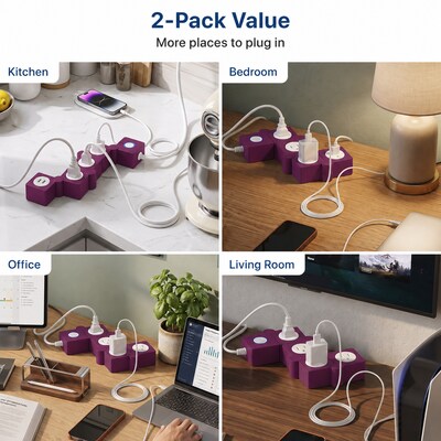 Uncaged Ergonomics Flexible 5' Extension Cord, 3-Outlet, 14 AWG, Plum (2xFPS-Plum)