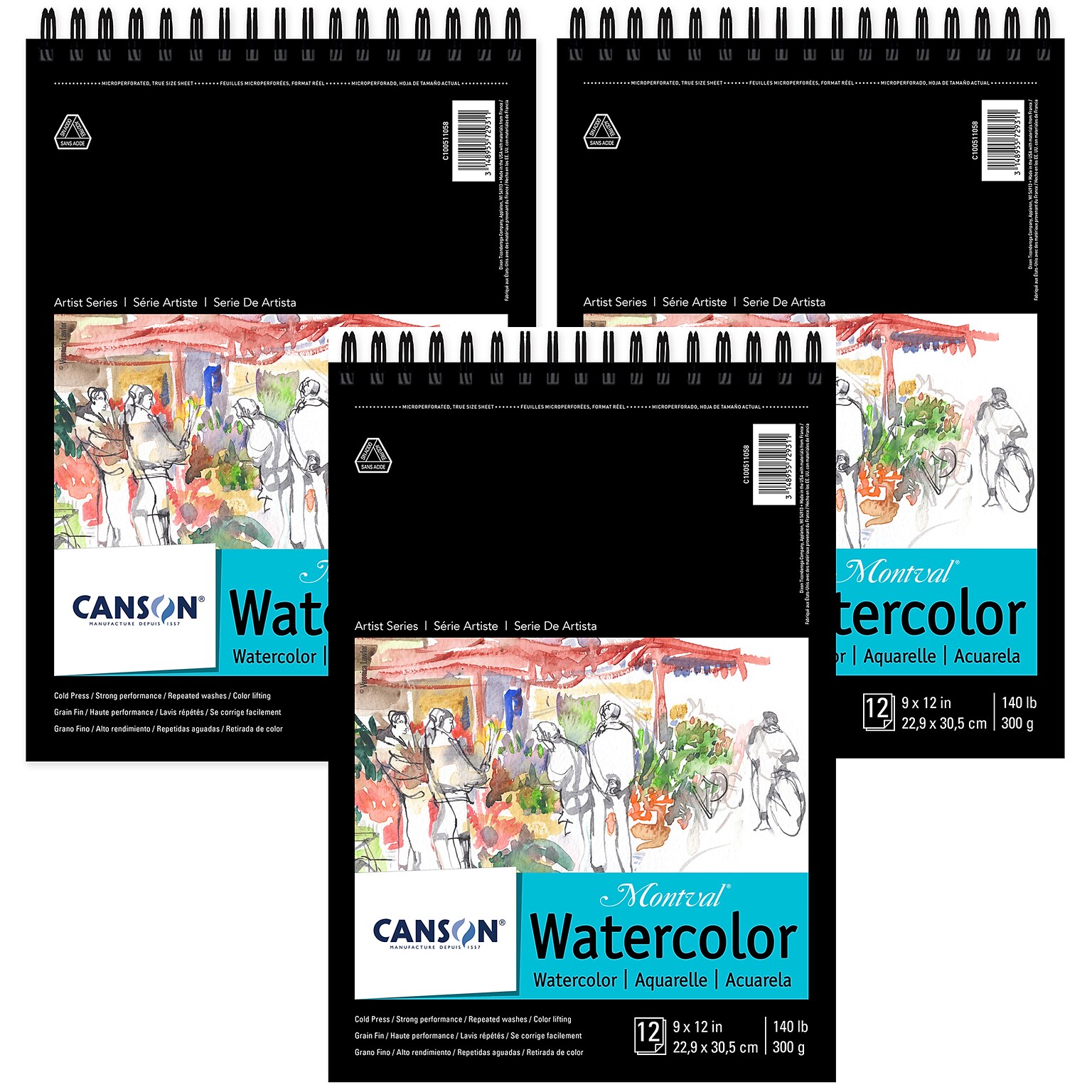 Canson Artist Series 9 x 12 Wire Bound Montval Watercolor Pad, 12 Sheets/Pad, 3/Bundle (MCXC100511058-3)