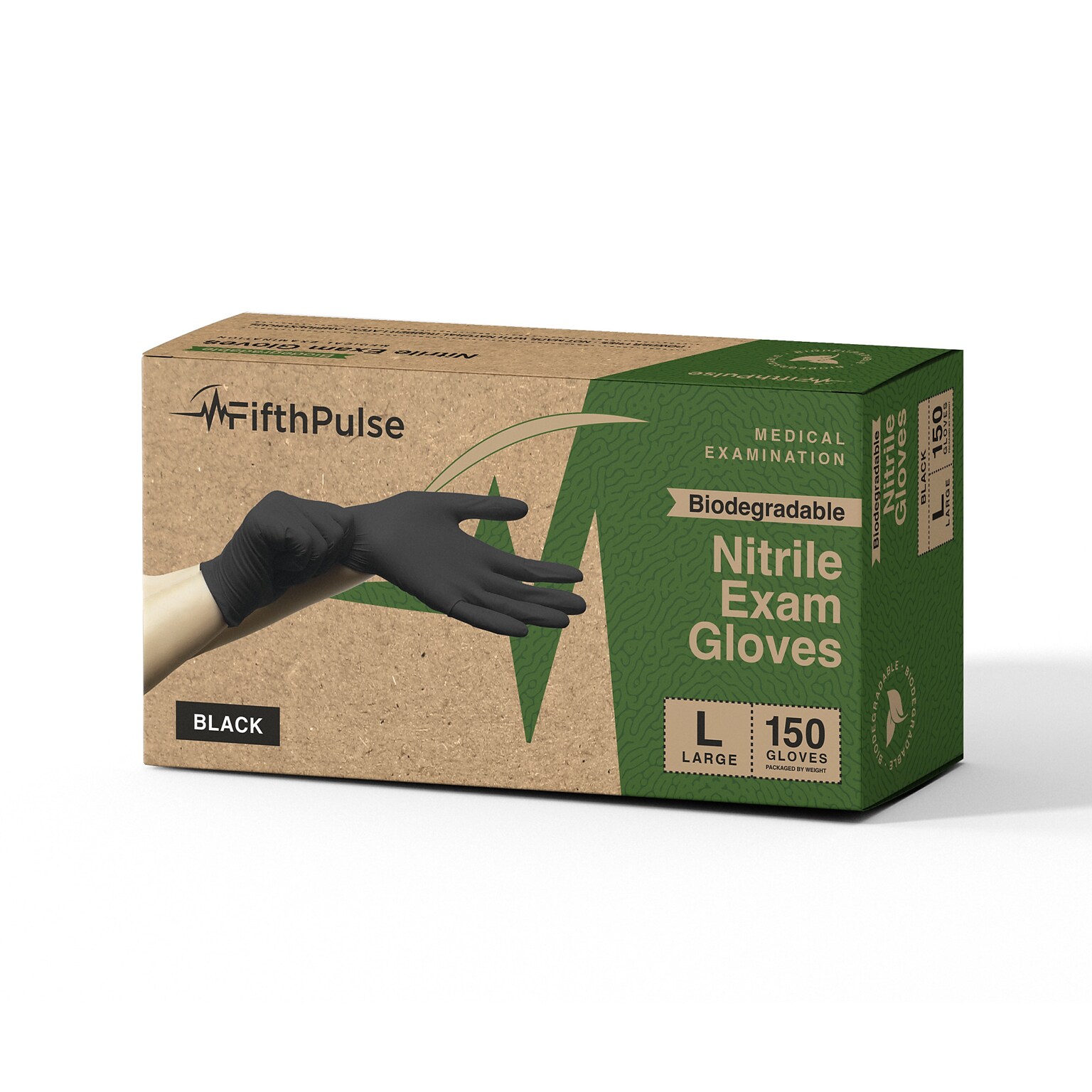 FifthPulse Biodegradable Powder Free Nitrile Exam Gloves, Latex Free, Large, Black, 150 Gloves/Box (FMN100541)