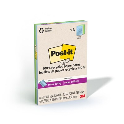 Post-it Recycled Super Sticky Notes, 4 x 6, Oasis Collection, 45 Sheets/Pad, 4 Pads/Pack (4621R-4S