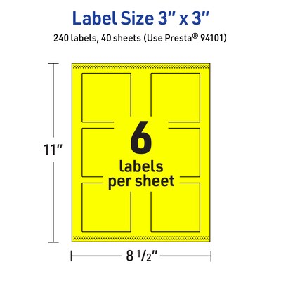 Avery Laser/Inkjet Square Multipurpose Labels, 3" x 3", Neon Yellow, 240/Pack (94101)