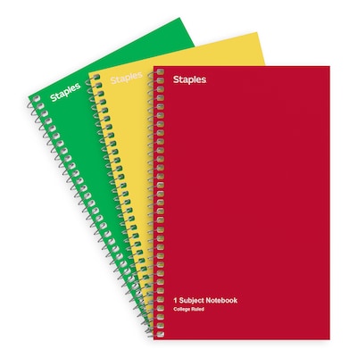 Staples 1-Subject Notebook, 5 x 7.75, College Ruled, 80 Sheets, Assorted Colors, 3/Pack (TR11670)