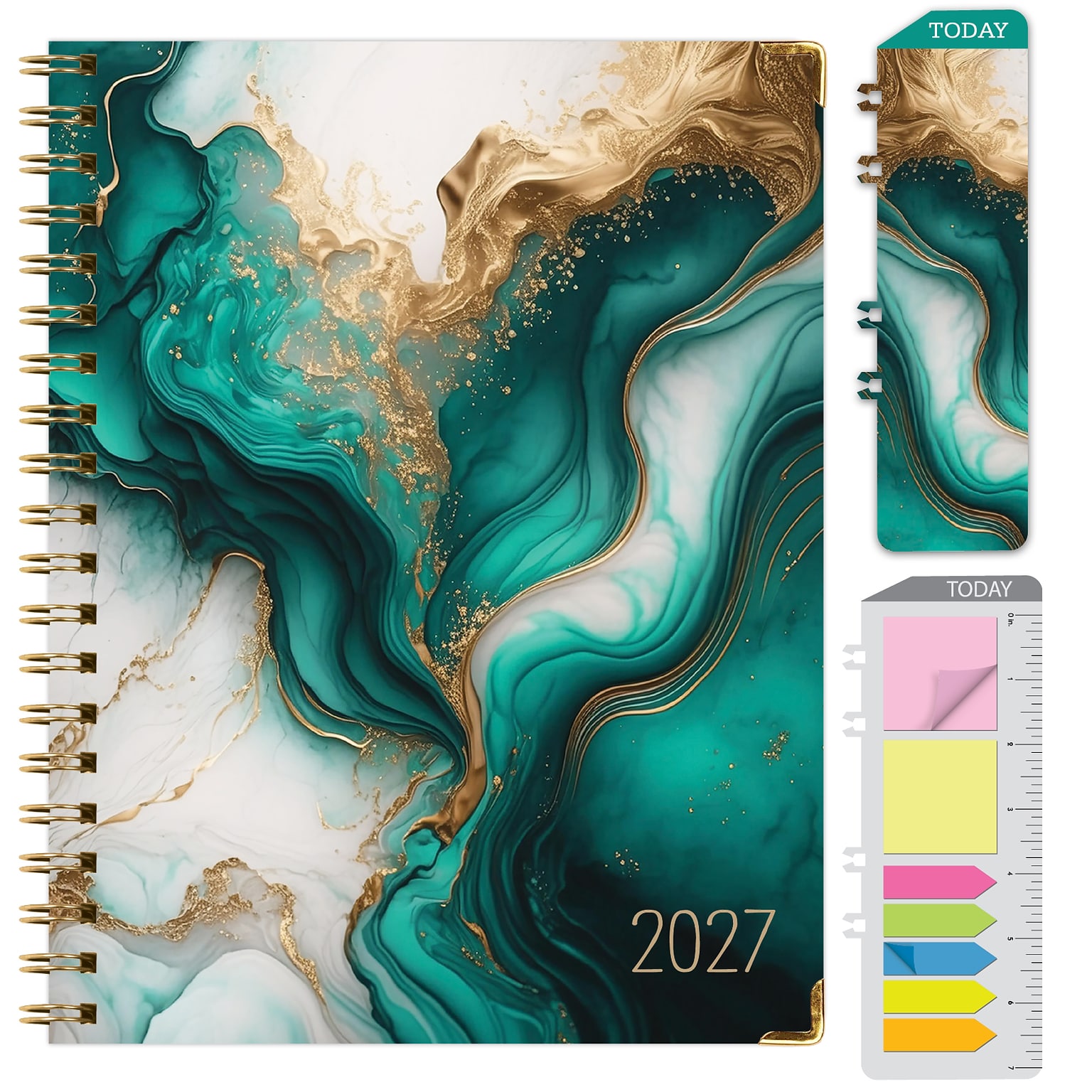 2027 Excello Brands 7.8 x 9 Weekly & Monthly Standard Planner, Paperboard Cover, Teal Gold Marble (FSHN-CY27-79-54)