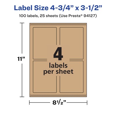 Avery Laser/Inkjet Rectangle Multipurpose Labels, 4.75" x 3.5", Kraft Brown, 100 Labels/Pack ( 94127)