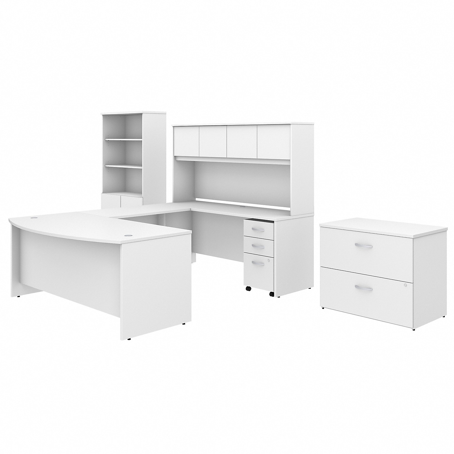 Bush Business Furniture Studio C 72W x 36D U Shaped Desk with Hutch, Bookcase and File Cabinets, White (STC001WHSU)