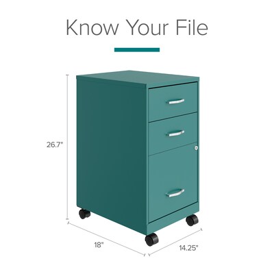 Space Solutions 3-Drawer Mobile Vertical File Cabinet, Letter Size, Lockable, 26.7"H x 14.25"W x 18"D, Teal (24431)