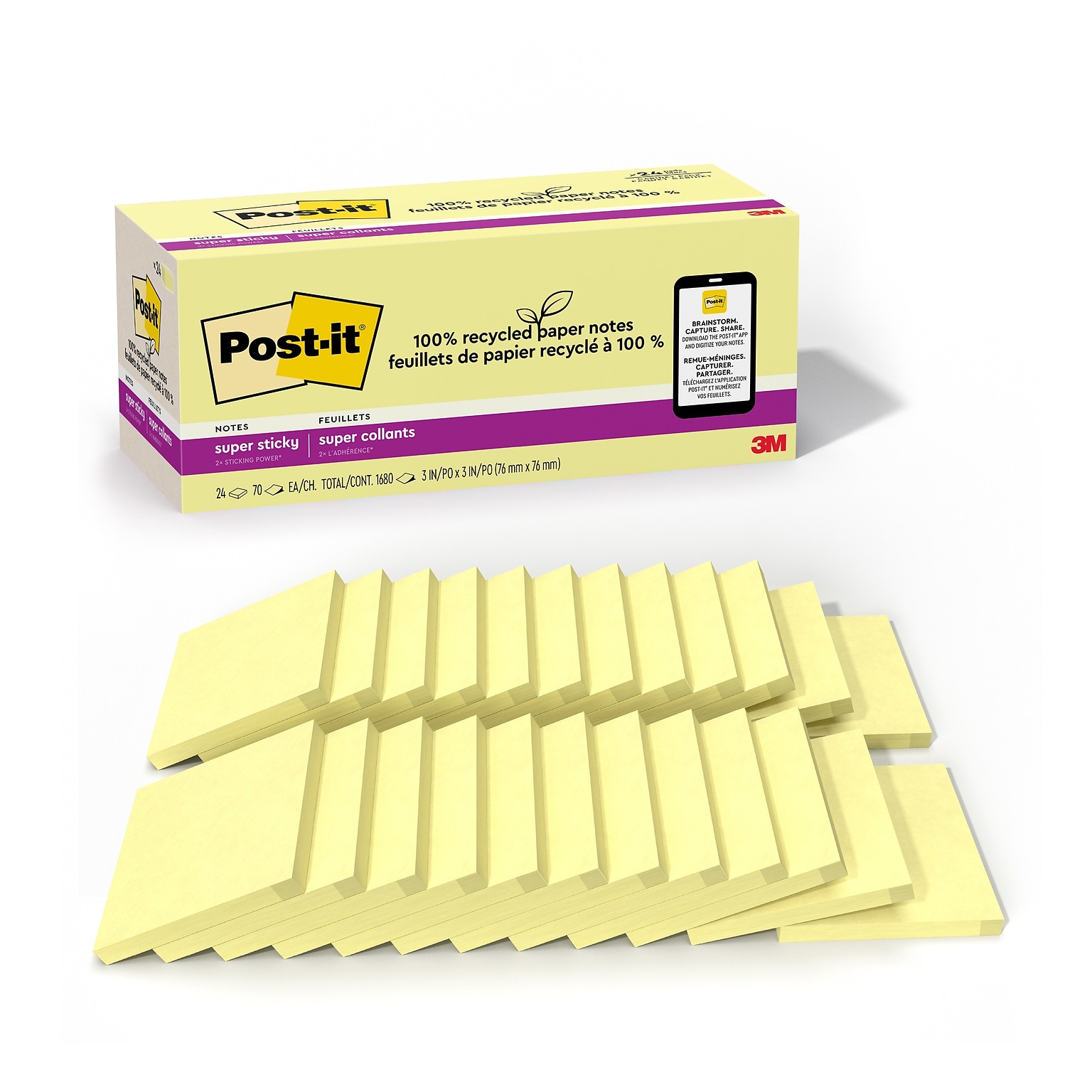 Post-it Recycled Super Sticky Notes, 3 x 3, Canary Collection, 70 Sheets/Pad, 24 Pads/Pack (654R-24SSCY-CP)