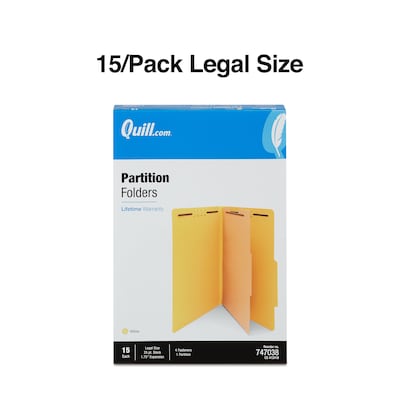 Quill Brand® 2/5-Cut Tab Pressboard Classification File Folders, 1-Partition, 4-Fasteners, Legal, Yellow, 15/Box (747038)