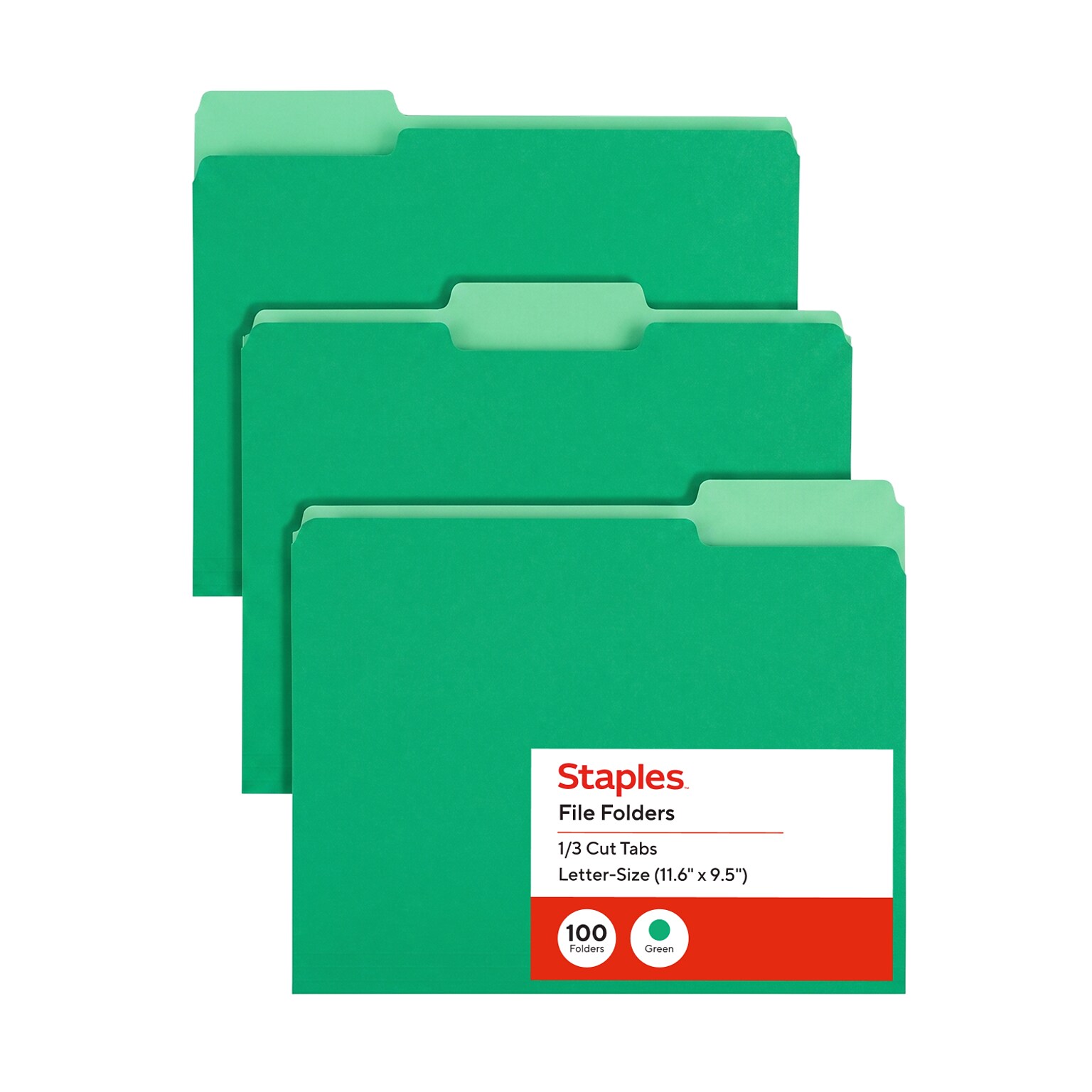 Staples File Folders, Letter Size, 1/3-Cut Tabs, Assorted Positions, Green, Durable Paper Stock, 100/Pack