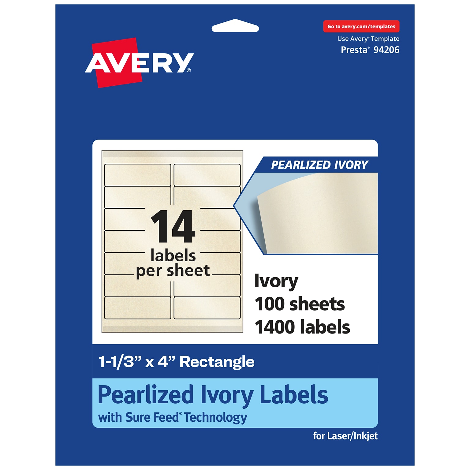 Avery Pearlized Ivory Rectangle Multipurpose Labels, 1-1/3 x 4, Ivory, 1400/Box (94206)