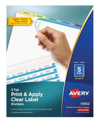 Avery Index Maker Paper Dividers with Print & Apply Label Sheets, 5 Tabs, Pastel, 25 Sets/Pack (11992)