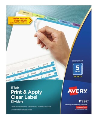 Avery Index Maker Print & Apply Label Paper Dividers, 5-Tab, Pastel Multicolor, 25 Sets/Box (11992)