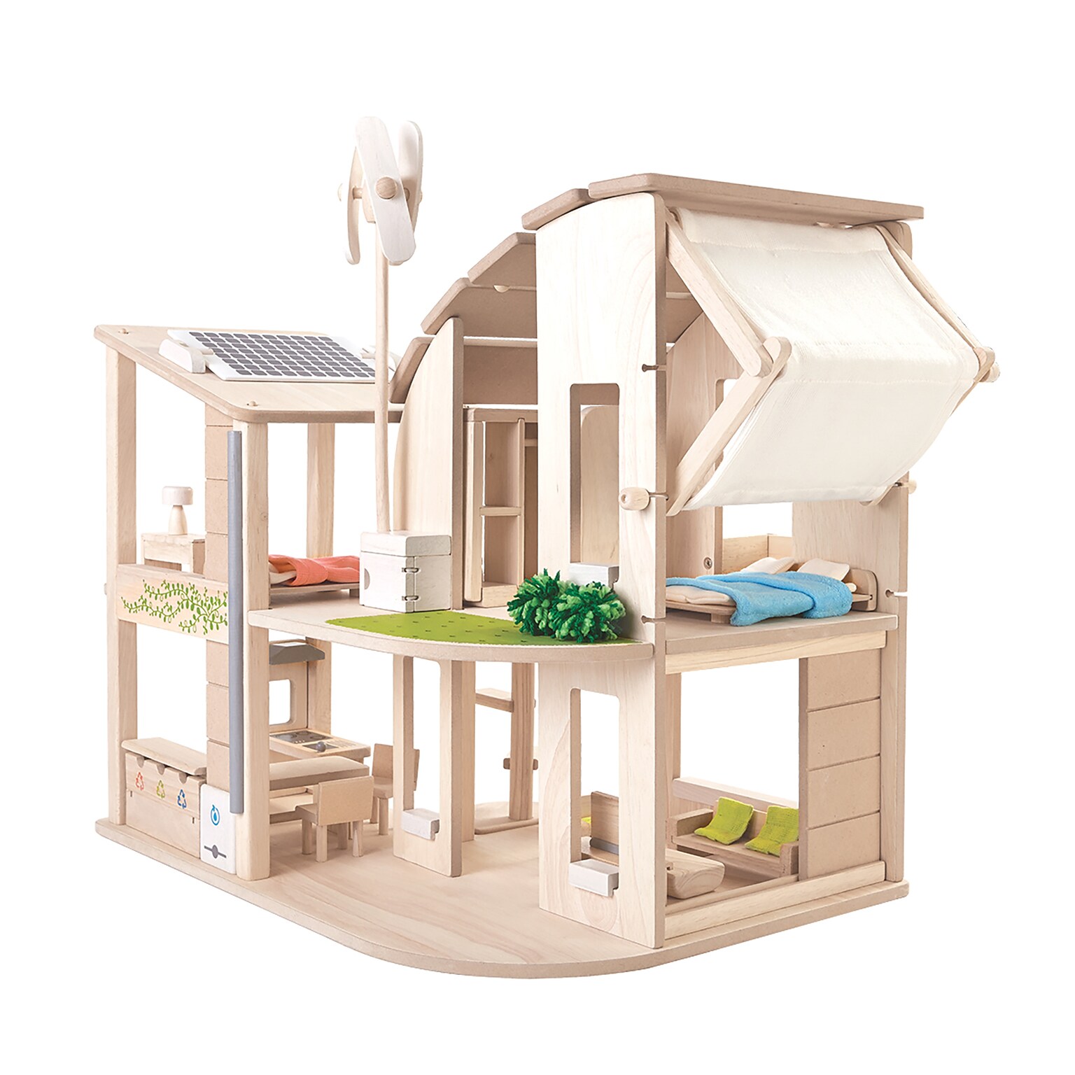 PlanToys Wooden Dollhouse with Furniture, 21.9 x 17.9 x 22.3, Green (PTS7156)