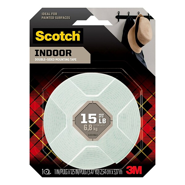 Scotch® Double-Sided Indoor Mounting Tape, 1 in x 3.47 yds, White, 1 Roll/Pack (314S-MED)