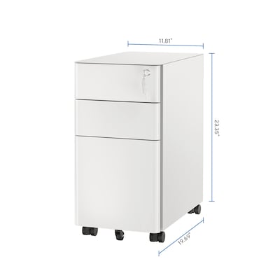 Mount-It! 3-Drawer Mobile File Cabinet, Letter/Legal Size, Lockable, 23.35"H x 11.81"W x 19.69"D, White (MI-944W)